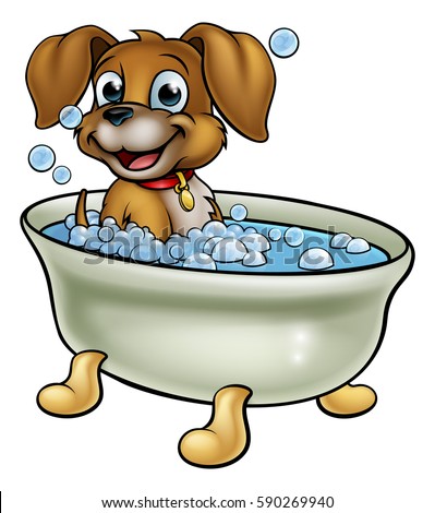 A cartoon dog having a bath with lots of bubbles