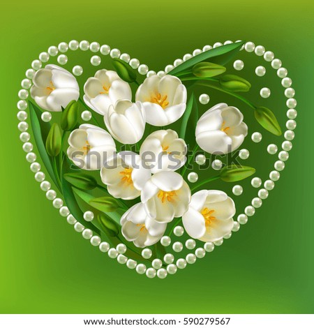 Realistic Tulips Flowers. Wedding Decorations. Card Spring Time  Background with White Bouquet Tulips.. Design for Organic Cosmetics, Beauty Wedding Store. Heart. Trendy Design.  illustration. Pearls.