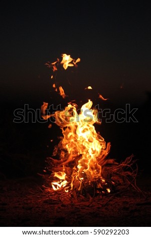 Fire made by a Bedouin burns in Wadi Rum desert, Jordan. 