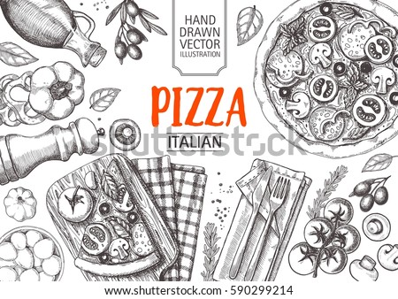 Italian cuisine top view frame. Italian food menu design. Vintage hand drawn sketch vector illustration