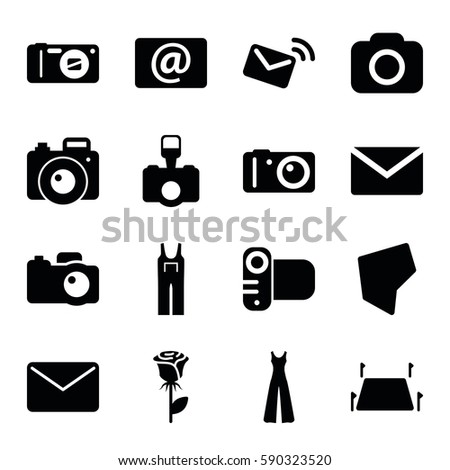 contour icons set. Set of 16 contour filled icons such as jumpsuit, rose, camera, email, land territory