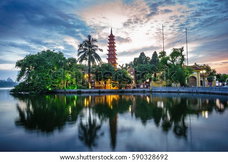 Panorama view of Tran Quoc pagoda, the oldest temple in Hanoi, Vietnam Royalty-Free Stock Photo #590328692