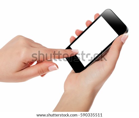 Hand with smart phone white screen isolated on white background with clipping path