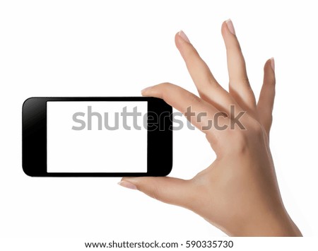 Hand with smart phone white screen isolated on white background with clipping path