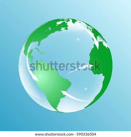 Global earth glass ball with arrows. Vector background, business and education illustration. 