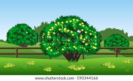 Summer landscape background. Scene with green trees, hills, grass and yellow flowers. Horizontally seamless, can be used in game asset. Vector illustration