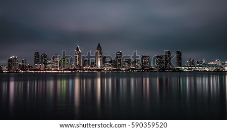 Night skyline of San Diego downtown, California. Long exposure.