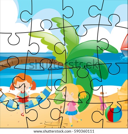Jigsaw puzzle game with girls on the beach illustration