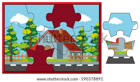 Jigsaw puzzle game with house on street illustration