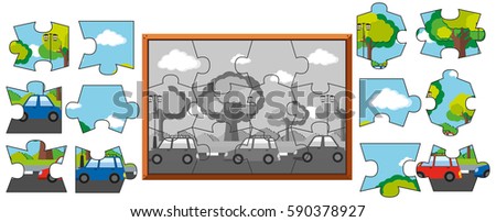 Jigsaw puzzle game with cars on the road illustration