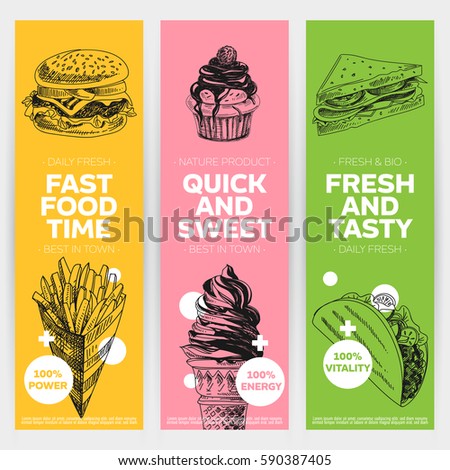 Vector hand drawn fast food banners set. Vintage style. Retro food background. Sketch