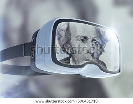 Virtual reality glasses, business, technology, internet and networking concept. US Dollar banknotes and abstract representing the cryptocurrency or digital money.