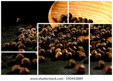 Spice frame with pepper and wooden spoon on black background