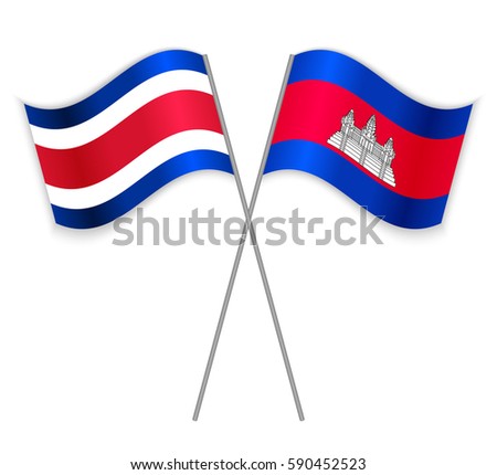 Costa Rican and Cambodian crossed flags. Costa Rica combined with Cambodia isolated on white. Language learning, international business or travel concept.