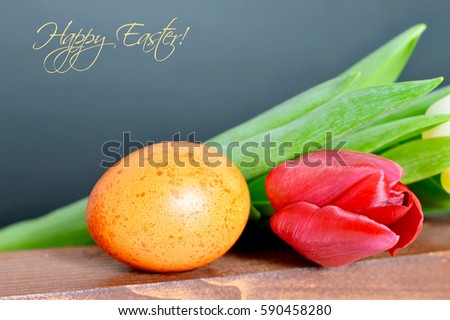 Happy Easter card with Easter egg and tulips	