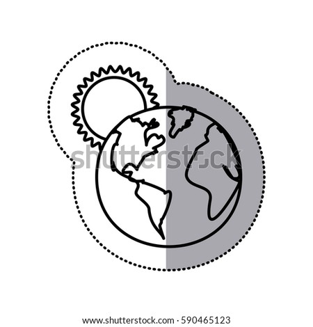 monochrome sticker contour with sunset over planet earth vector illustration