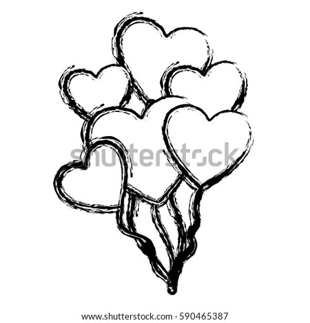 blurred hand drawn silhouette with balloons of hearts vector illustration