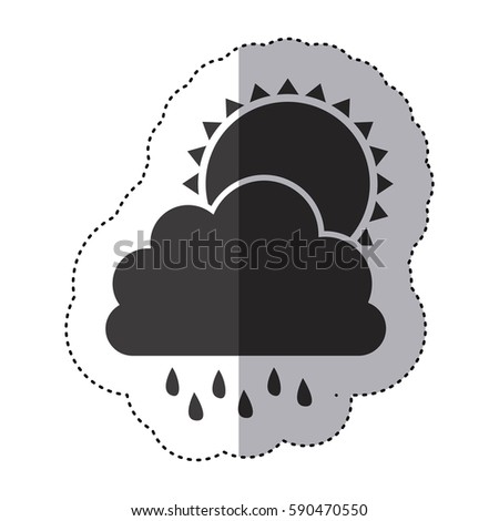 gray silhouette sticker of cloud with rain and sun vector illustration