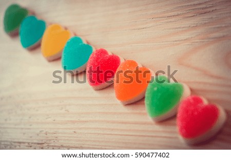 colorful hearts candy on valentines Day background.