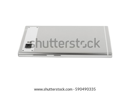 White modern smartphone lies on the surface, isolated on white background. Elements.