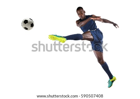 African American soccer player kicking ball isolated over white background