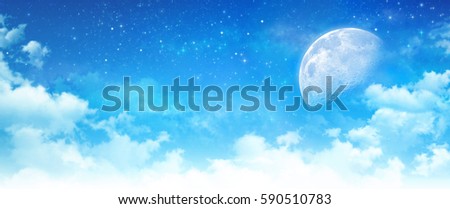 Blue sky background, moon light in white clouds, bright stars shining behind