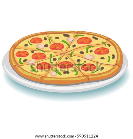 Vector Illustration of Whole Pepperoni Pizza on Plate