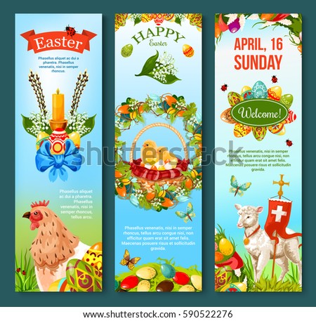Easter Sunday celebration banner template set. Easter eggs, chicken, chicks, egg hunt basket, spring flower wreath, candle and lamb of God with cross cartoon poster adorned with ribbon banner and bow.