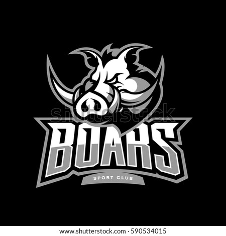 Furious boar sport club vector logo concept isolated on dark background. Professional team pictogram design. Premium quality wild animal t-shirt tee print illustration.