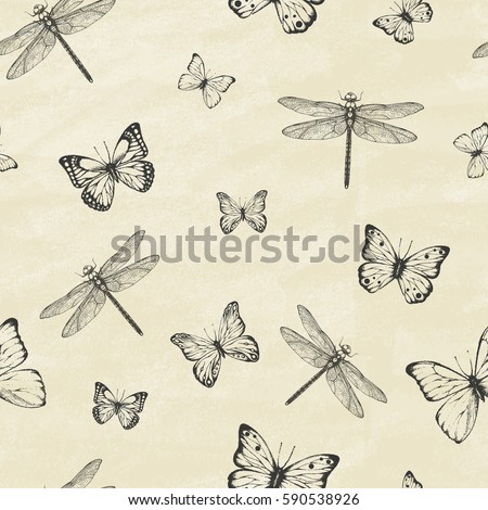 Seamless Pattern with dragonfly's and  butterflies. Dragonfly background. Vector illustration.