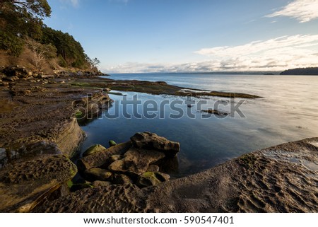 Beautiful nature landscape view on a rocky shore during a sunny winter day. Picture taken in Hornby Island, British Columbia (BC), Canada.