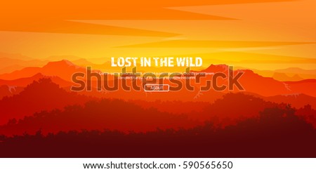 Mountains and forest. Wild nature landscape. Travel and adventure.Panorama. Into the woods. Horizon line.Trees,fog,wood.Backgrounds set.Lake or river.