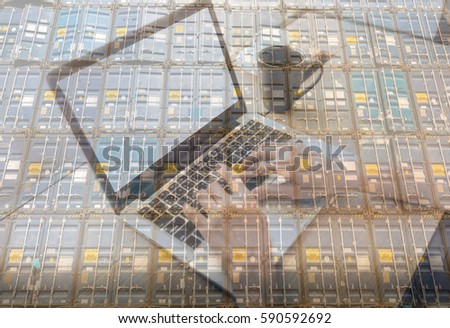 Double exposure of container picture and computer to link with online business concept, online marketing concept. thinking of logistic management