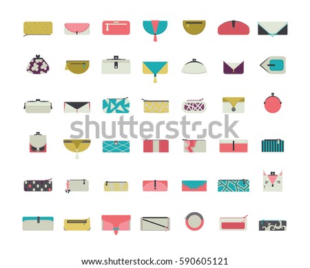 Vector set with stylish vogue purses and clutches for women in simple flat style. Design collection in different decoration styles in bright colors. Blue, green and pink pouches and wallets icons Royalty-Free Stock Photo #590605121