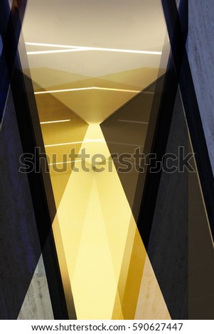 Reworked photo of brightly lit interior fragment in blue and yellow colors. Abstract background on the subject of modern architecture, technology or science.