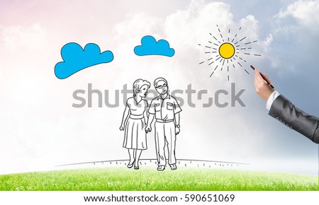 Hand drawn happy family in casual clothes walking outdoors