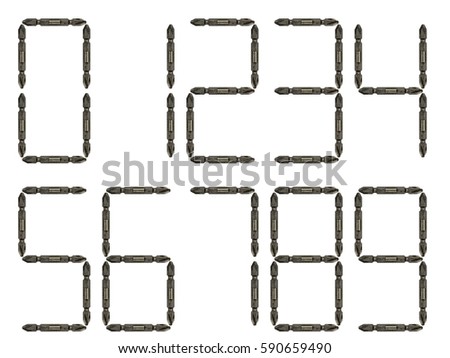 LED number font using screw driver bit. Isolated image on white background.