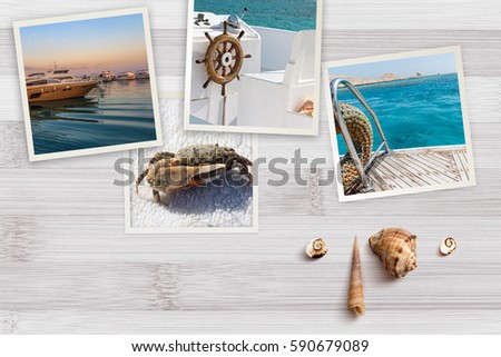 Part of set. Beautiful seaside snapshots arranged on rustic wooden background with seashells with copy space, top view. Summer vacation and voyage concept