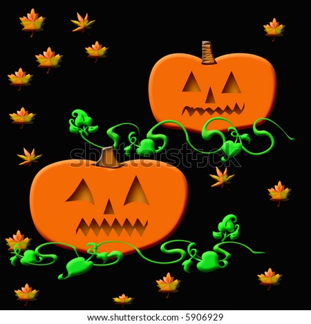 Halloween jack-o'-lantern and autumn leaves on black background