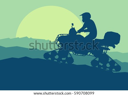 All terrain vehicle with chains driving in snow and mud landscape outdoor activity vector background