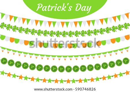 St. Patrick's Day garland set. Festive decorations bunting. Party elements, flags, shamrock, clover. Isolated on white background. Vector illustration, clip art