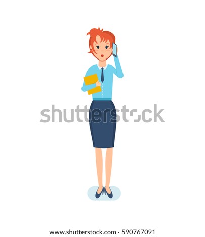 Business people working office concept. An employee of the organization, working in strict clothes with documents in hand, talking on mobile phone. Vector illustration isolated on white background.