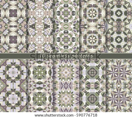 Ten seamless patterns in Oriental style. Eastern ornaments for design fabric, wrapping paper or scrapbooking. Vector illustration in green colors.