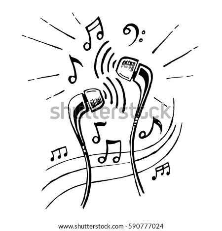 Headphones doodle sketch style vector illustration with musical notes, hand drawing.