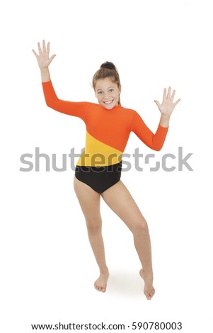 Little gymnast on a white background. Sporting exercise, stretch, flexibility, aerobic