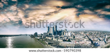 New Orleans, LA. Aerial panoramic view at sunset.