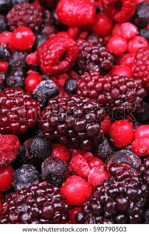 Frozen mixed berries as background. Blueberries,raspberries black berries and currant mulberry texture pattern.