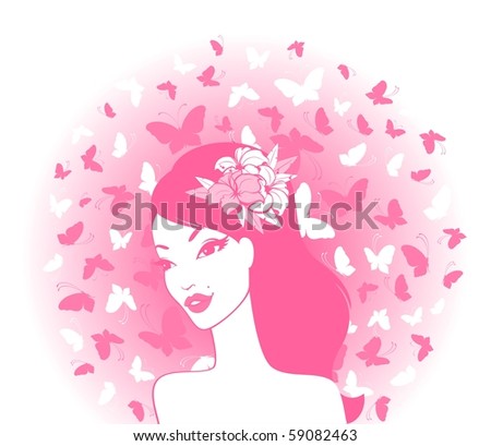 Vector portrait of beautiful young girl with butterflies