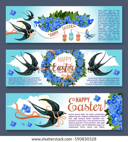 Easter cartoon banner set with spring birds. Swallow birds with floral wreath of blue flowers, Easter eggs, bow and ribbon banner with wishes of Happy Easter. Spring holidays greeting card design.