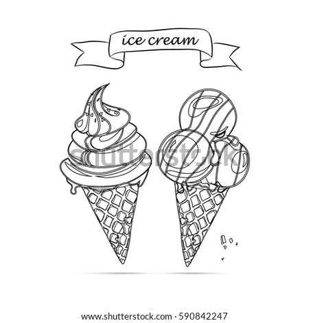 Cute vector illustration of black ice creams contour on white background. Black and white.